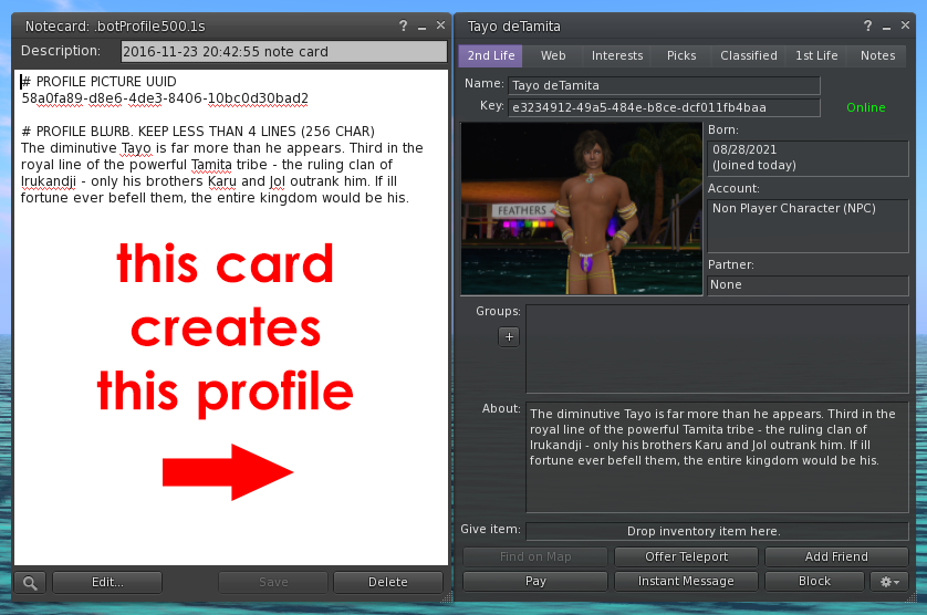 Bot Profile notecards populate information in the NPC's profile.