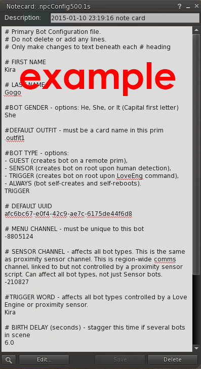 NPC Config notecards store global variables needed by the scripts.