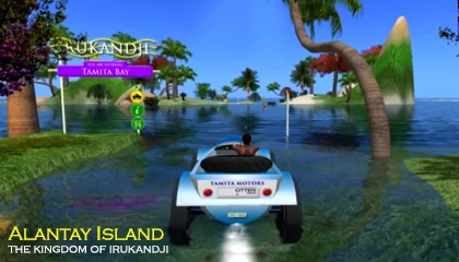 An amphibious car passes through Alantay Island on a submerged section of the Trans Irukandji Causeway.